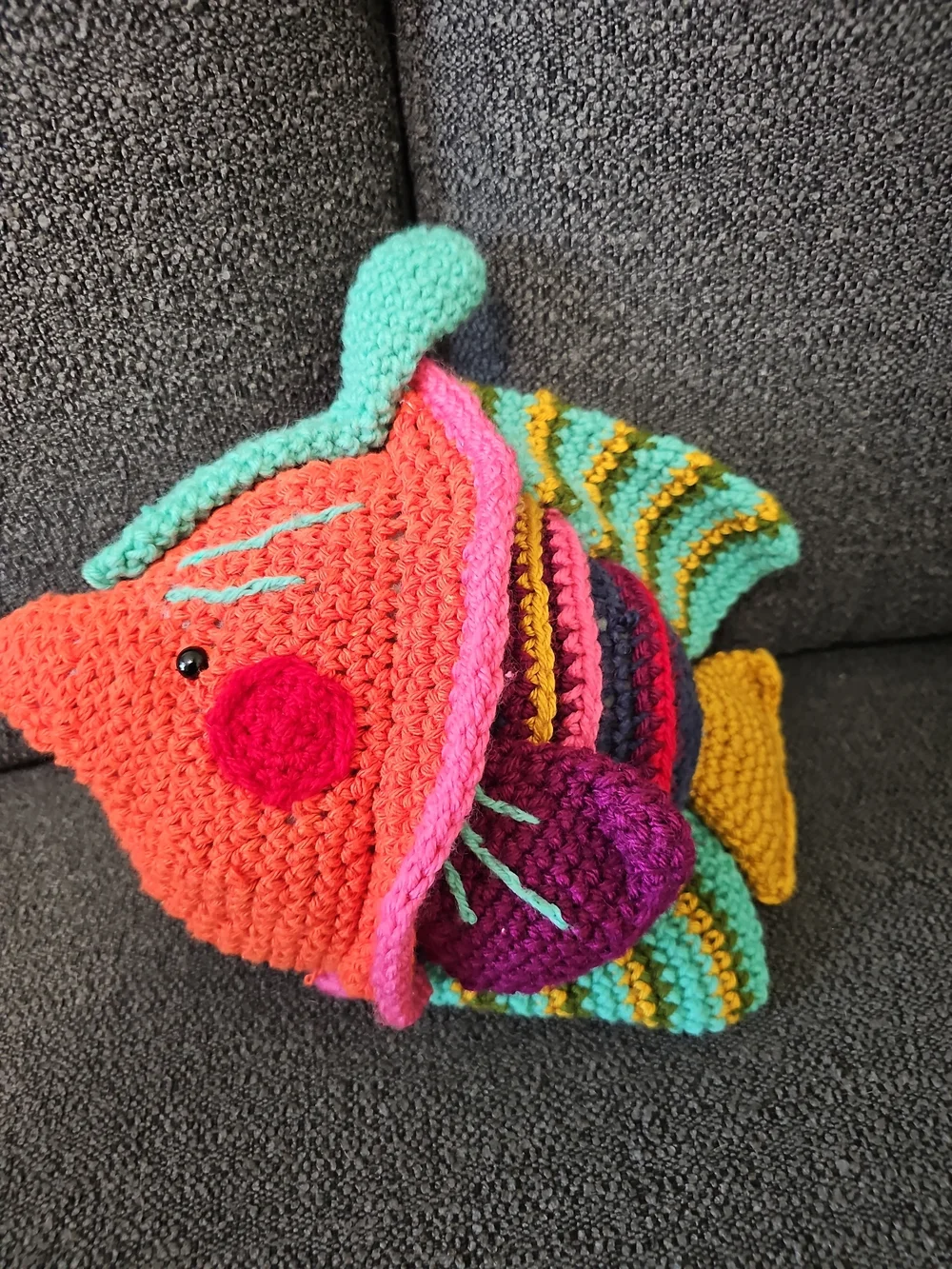 Handmade Colorful Crochet Fish Accent Pillow - Multicolor
